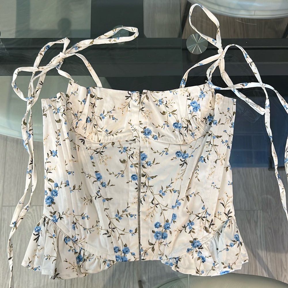 Floral Tie-Shoulder Bustier Top in Cream and Blue